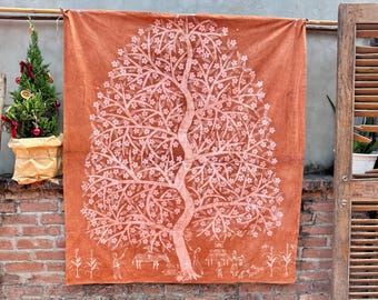 Rustic Tree of Life Tapestry: Brown Cotton Hmong Tribal Wall Hanging Art