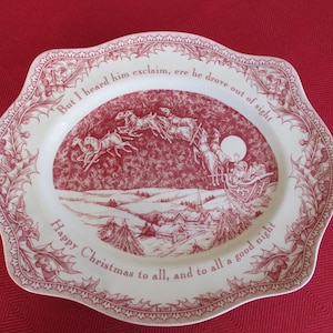 Noble Excellence &quot;Twas The Night Before Christmas 11 3/4&quot; Platter/Tray Red/Pink Transferware Mint with Sticker in Original Box