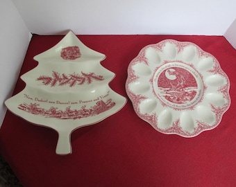 1 Noble Excellence Twas The Night Before Christmas Tree Shaped Serving Dish AND 1 Devilled Egg Plate Both Brand New