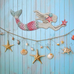 Wooden Mermaid Wall Decor Beach Wall Art Hanging Mermaid Plaque Sign Nautical Ocean Themed Swimming Mermaid Wood Wall Sculpture Marine Decor