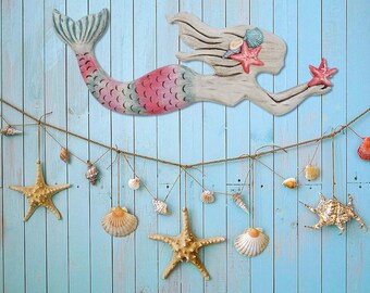 Wooden Mermaid Wall Decor Beach Wall Art Hanging Mermaid Plaque Sign Nautical Ocean Themed Swimming Mermaid Wood Wall Sculpture Marine Decor