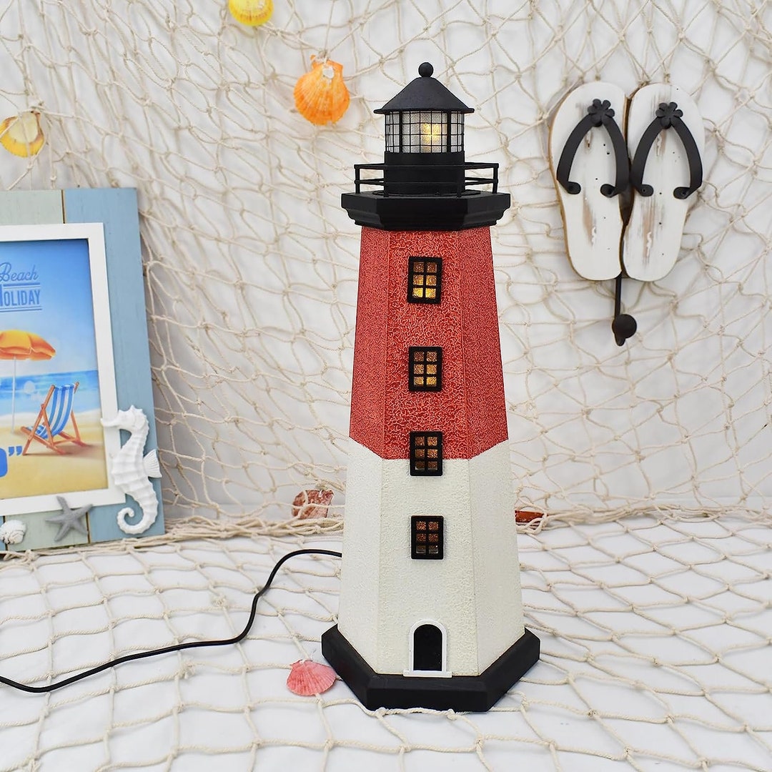Wood Lighthouse Decor With Light 16.25h USB Powered LED Lighthouse