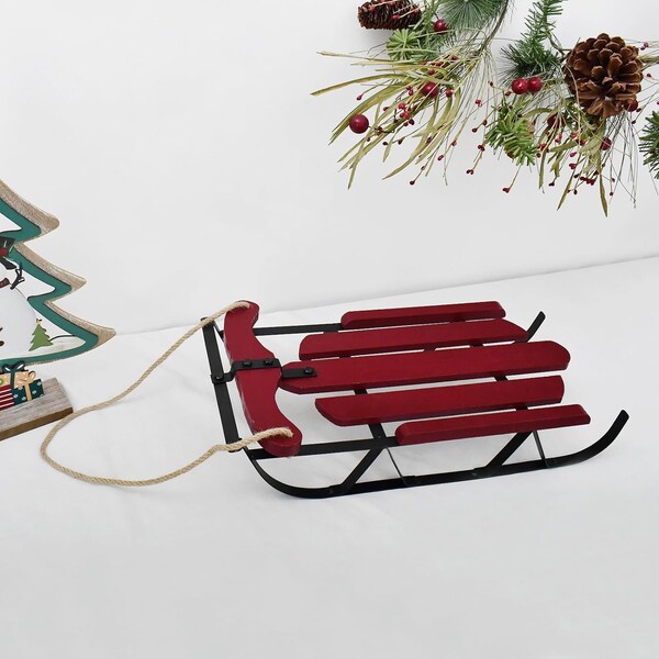 Wood Sleigh Decor Rustic Christmas Hanging Ornament Decorative Sled Hanging Christmas Sled Decoration with Metal Base Wall Art Decor Sled