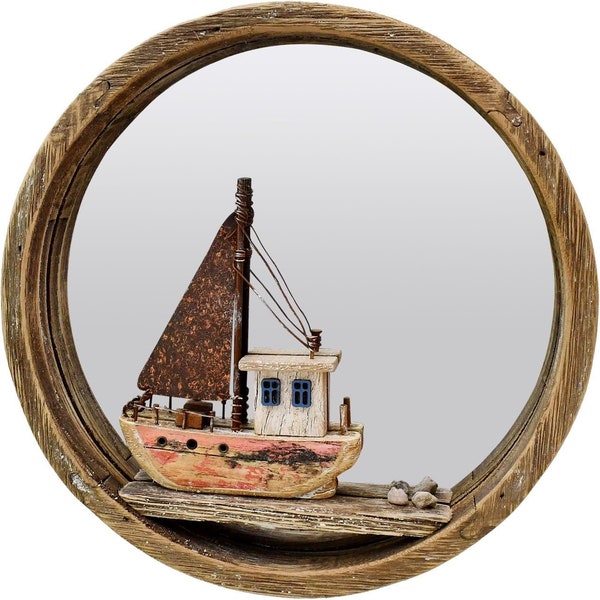 Wooden Beach Wall Hanging Circle Mirror Decor, Nautical Mirror Wood Boat Ornament Rustic Beach Decorations Boat Figurine Coastal Ocean Decor