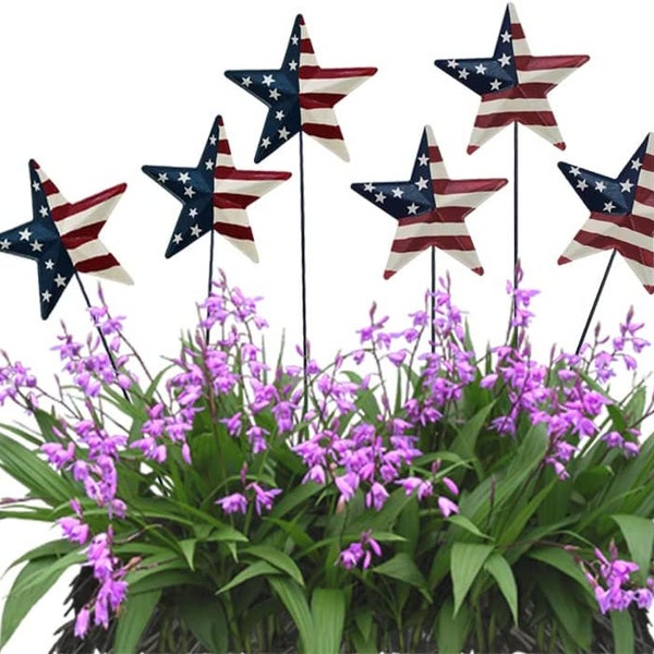 Metal Barn Star Yard Sign Planter Stake Outdoor Lawn Decor, Patriotic US Flag Star Barn Garden Signsfor Walkway Pathway Planter Pot