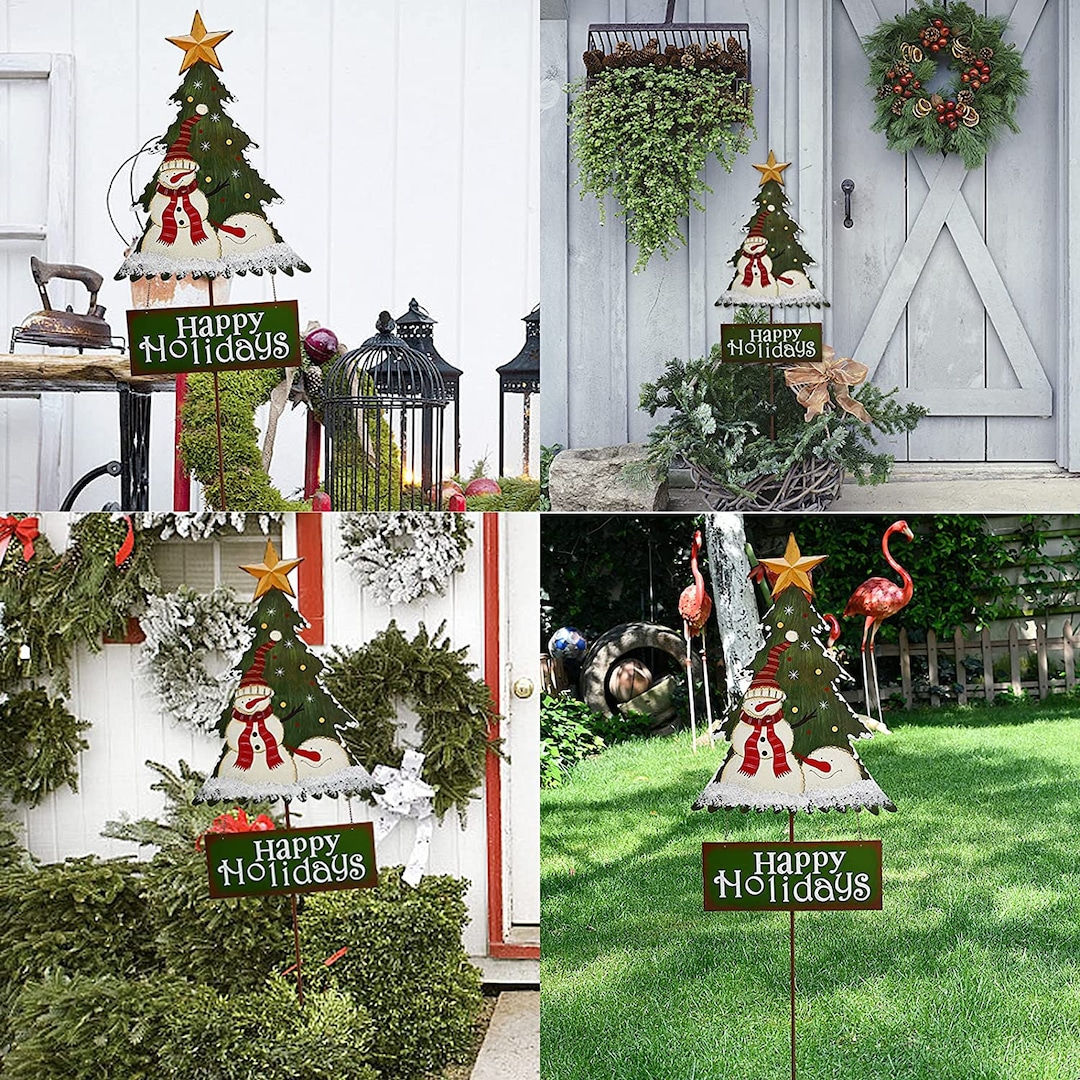 Merry Christmas Garden Stake Decor Christmas Tree Yard Stake, Outdoor Metal Christmas
