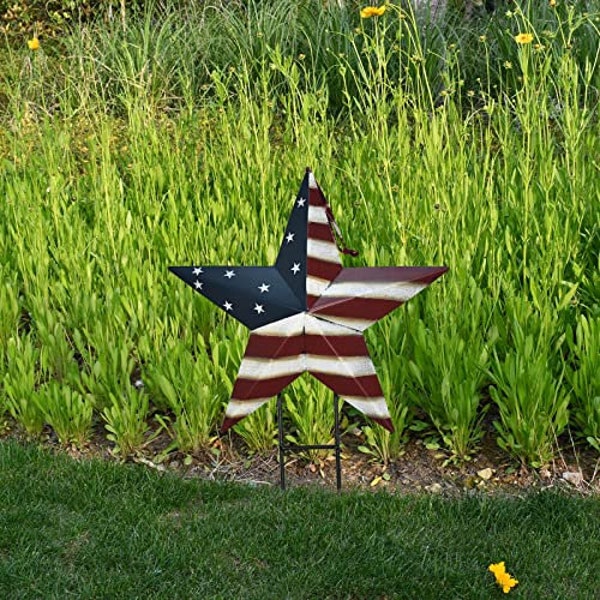 Barn Star Yard Sign Outdoor Lawn Decor Patriotic US Flag Star Barn Hanging Ornament Garden Signs Decorative Stake July 4th Memorial Day