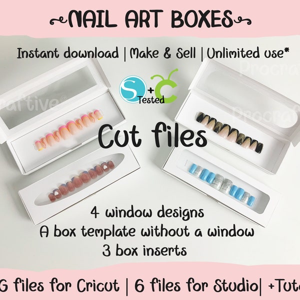 Boxes for press on nail sets. Packaging for nail art. SVG files for Cricut. SVG box templates. Cricut DS, Cricut Joy files included.