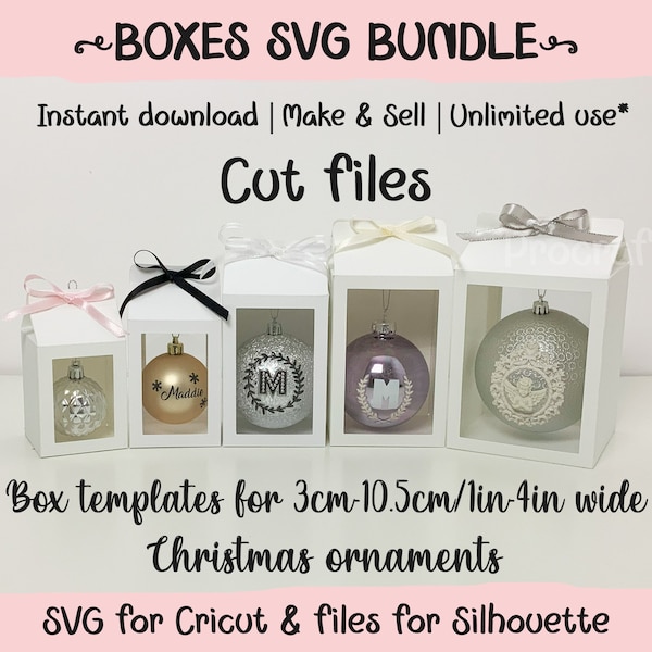 Paquete SVG: Cajas para adornos navideños, archivos Cricut, archivos para Silhouette, archivos de corte, cajas de regalo para adornos, 5 tamaños, 2 estilos