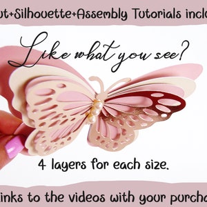 Puede incluir: Mariposa de papel rosa y dorada de cuatro capas con tutoriales de montaje incluidos.  "Like what you see?" y "Links to the videos with your purchase" est&aacute;n escritos debajo de la mariposa.