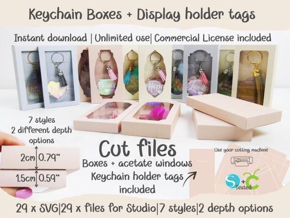Keychain boxes and holders, 7 styles 2 depth options, Cricut SVG, Silhouette Studio, Cut files, Instant download, Files for cutting machines