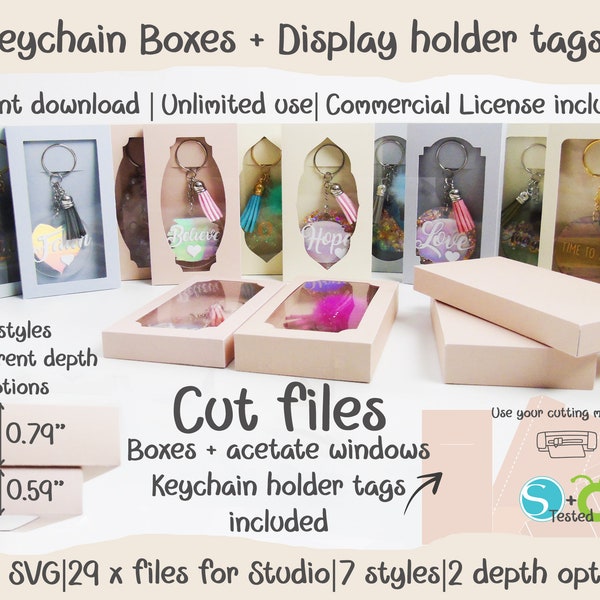 Keychain boxes and holders, 7 styles 2 depth options, Cricut SVG, Silhouette Studio, Cut files, Instant download, Files for cutting machines