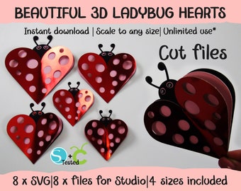 Mariquitas de corazón 3D, Mariquita en capas, SVG Cricut, Silhouette Studio, 3 capas, Escalable a cualquier tamaño, Descarga instantánea, Archivos de corte, Mariquitas SVG