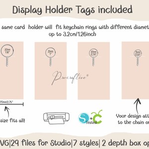 May include: A set of four SVG files for use in Cricut Design Space. The files are for creating display holders for keychain rings in four different sizes: 30mm, 25mm, 20mm, and 15mm. The image shows the holders with the rings attached. The text "Procraftice" is visible in the image. The image also includes a printer icon and a logo with the text "S+C Tested".