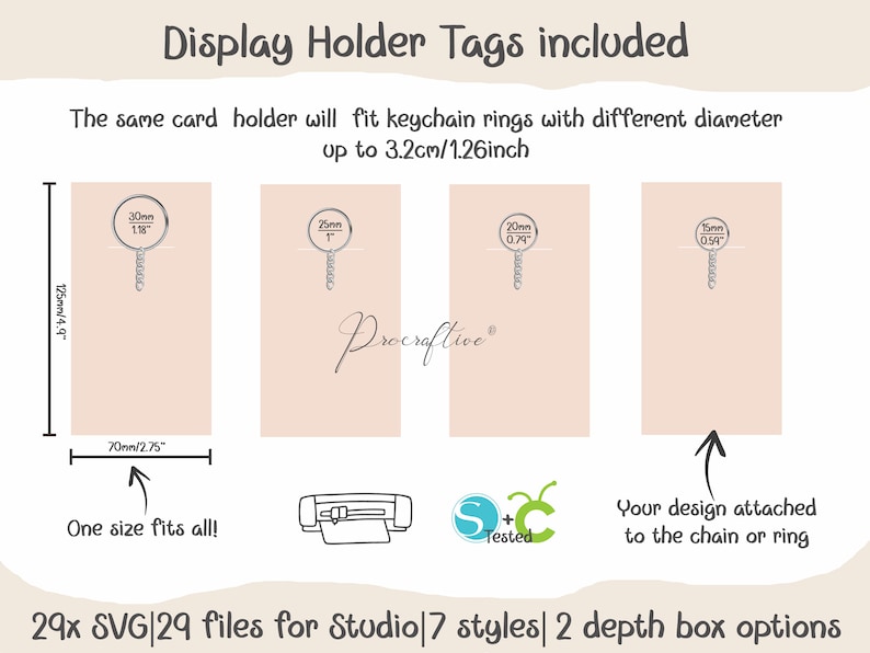 May include: A set of four SVG files for use in Cricut Design Space. The files are for creating display holders for keychain rings in four different sizes: 30mm, 25mm, 20mm, and 15mm. The image shows the holders with the rings attached. The text "Procraftice" is visible in the image. The image also includes a printer icon and a logo with the text "S+C Tested".