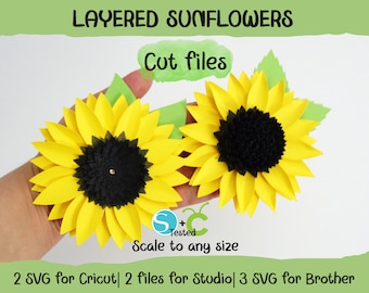 Plantillas de girasoles en 2 estilos. Archivos para Cricut, Silhouette y Brother. Archivos de corte SVG. Girasoles de papel 3D con capas. Descarga instantánea.