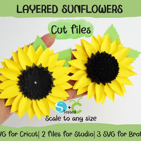 Sunflower templates 2 styles. Files for Cricut, Silhouette and Brother. SVG cut files. 3D layered paper sunflowers. Instant Download Files