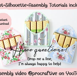 May include: Three different patterned paper boxes with a scalloped top, each holding four chocolate bars. The boxes are in pink, green, and blue. The text "Have questions? Drop me a line, I'm always happy to help!" is written in black on a white background. The text "Assembly video @procraftive on YouTube" is written in black on a pink background.