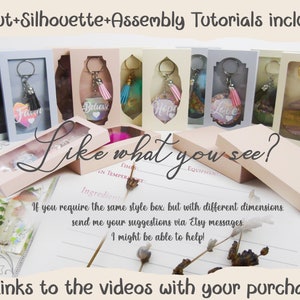May include: A collection of eight small, clear acrylic keychains with different designs and colors. Each keychain is displayed in a small, white box with a clear lid. The keychains feature words like "Believe", "Hope", and "Love" and are decorated with colorful tassels. The image includes the text "Cricut+Silhouette+Assembly Tutorials included" and "Like what you see?"