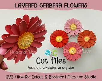 Plantillas de flores de gerbera para Cricut, Silhouette y Brother. Archivos de corte SVG. Gerberas de papel en capas 3D. Descarga instantánea. Incluye video de manualidades.