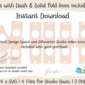 Op de afbeelding: Vier SVG-bestanden, vier bestanden voor Studio Basic en twee PDF-bestanden voor een printbaar knutselproject. De afbeelding toont een sjabloon voor een doos met een cirkelvormige uitsparing. De sjabloon is ontworpen voor gebruik met Cricut Design Space en Silhouette Studio. De tekst "Bonus" is in de afbeelding opgenomen.