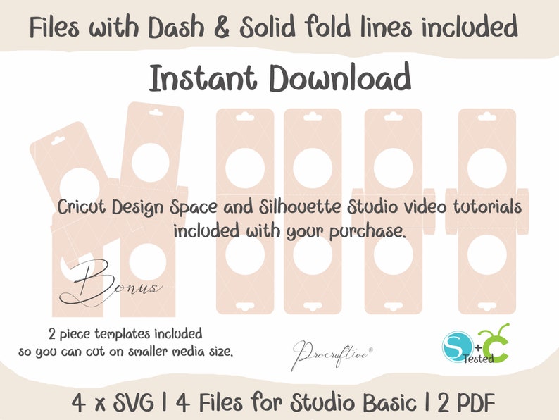 Op de afbeelding: Vier SVG-bestanden, vier bestanden voor Studio Basic en twee PDF-bestanden voor een printbaar knutselproject. De afbeelding toont een sjabloon voor een doos met een cirkelvormige uitsparing. De sjabloon is ontworpen voor gebruik met Cricut Design Space en Silhouette Studio. De tekst "Bonus" is in de afbeelding opgenomen.