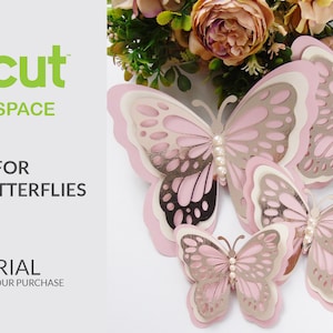 Puede incluir: Archivos de Cricut Design Space para mariposas en capas. Se incluye un tutorial con su compra. La imagen muestra tres mariposas rosas y plateadas con detalles de perlas.