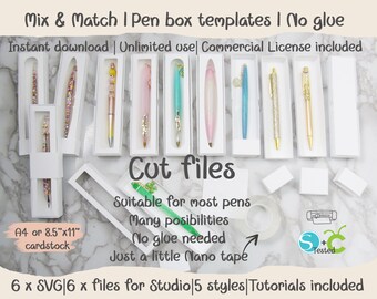 Pen boxes. NO GLUE. Nano tape. Many variations. Easy to cut and assemble. Will work with most pens. Box Packaging SVG. Instant download.