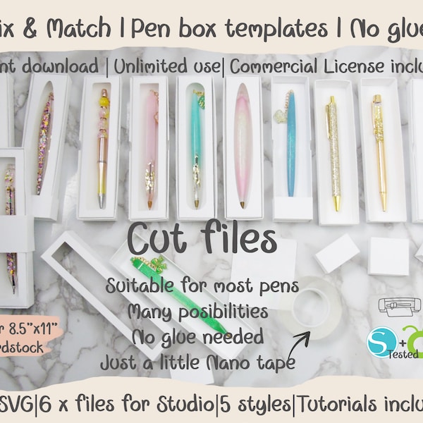 Pen boxes. NO GLUE. Nano tape. Many variations. Easy to cut and assemble. Will work with most pens. Box Packaging SVG. Instant download.