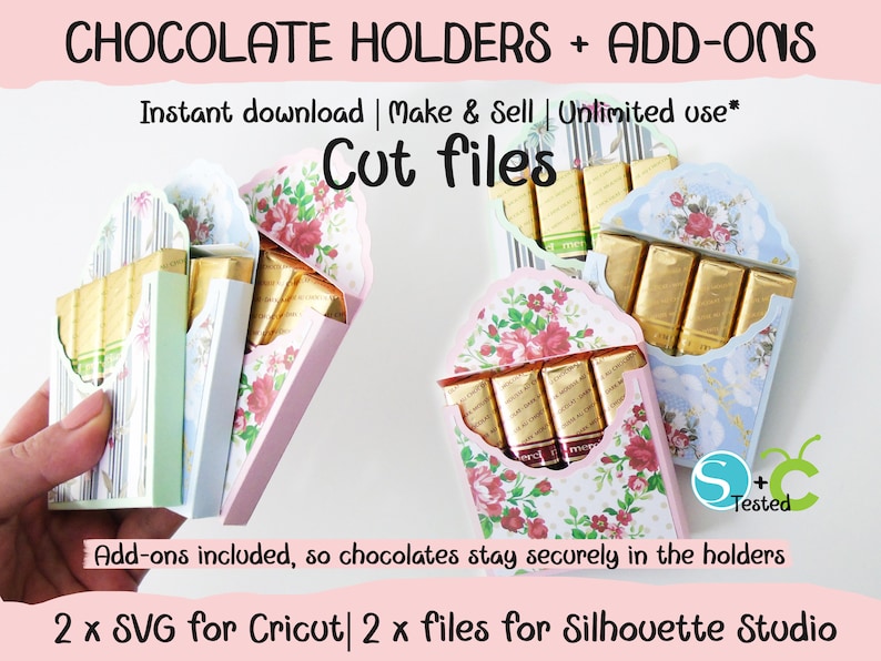 May include: Two sets of chocolate bar holders with floral designs. Each holder is made of cardstock and has a scalloped edge. The holders are designed to hold four chocolate bars. The image includes the text "Chocolate Holders + Add-ons", "Instant download | Make & Sell | Unlimited use*" and "Cut files".