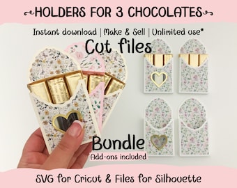Cajas para 3 bombones (SVG, archivos para Cricut, plantillas, 2 estilos, regalos para fiestas)