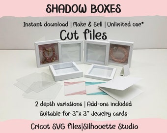 Shadow box templates and add-ons for Cricut and Silhouette. Great for your 3"x3" jewelry cards. Display shadow box. 3D greeting cards.