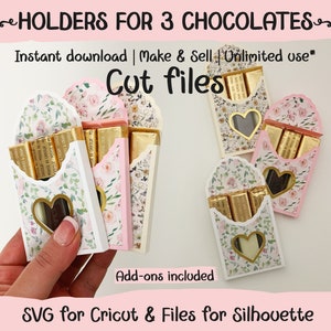 Chocoladehouderdozen met hartvensters voor 3 chocolaatjes, SVG-bestanden, Cricut-bestanden, Boxhouder-sjablonen, Instant download, Feestcadeaus