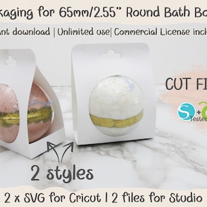 Suportes para exibição de embalagem de bomba de banho 65 mm / 2,55 ", arquivos de corte SVG para Cricut e Silhouette, download instantâneo, 2 estilos, suprimentos para bomba de banho SVG