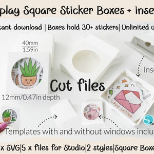 Cajas para exhibir pegatinas. Empaques para pegatinas. Cajas de regalo. Cajas cuadradas de 4 cm (1,59 pulgadas). Archivos de corte SVG. Archivos para Cricut. Archivos para Silhouette.