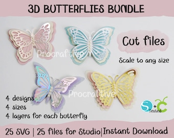 PAQUETE 4 Mariposas en capas, archivos SVG para Cricut y Silhouette, mariposas 3D, mariposas para Cricut y Silhouette, mariposas de encaje