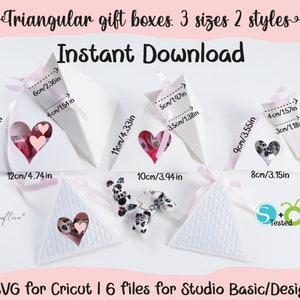 Caja triangular sin pegamento. 2 estilos, 3 tamaños, ventana de corazón, caja de regalo de San Valentín, Cricut SVG Silhouette, archivos de corte, caja de regalo de boda