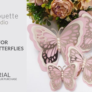 Puede incluir: Tres mariposas de capas rosa y plateadas con detalles de perlas. Archivos para mariposas de capas. Tutorial incluido con tu compra.