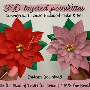 Christmas Poinsettia templates for Cricut, Silhouette & Brother. SVG cut files. 3D layered poinsettias. Instant Download. Any size, must see