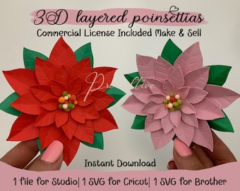 Plantillas de flores de Pascua navideñas para Cricut, Silhouette y Brother. Archivos de corte SVG. Flores de Pascua en capas 3D. Descarga instantánea. Cualquier tamaño, ¡imperdible!