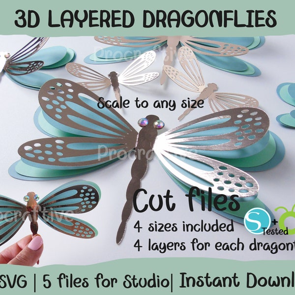 3D layered dragonflies, Layered dragonflies, SVG Cricut, Silhouette Studio, 4 layers, Scalable to any size, Instant download, Cut files, SVG