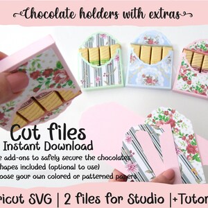 May include: Cut files for a chocolate holder with floral patterned paper. The holder is pink and has a scalloped edge. The file is for Cricut SVG and includes tutorials.