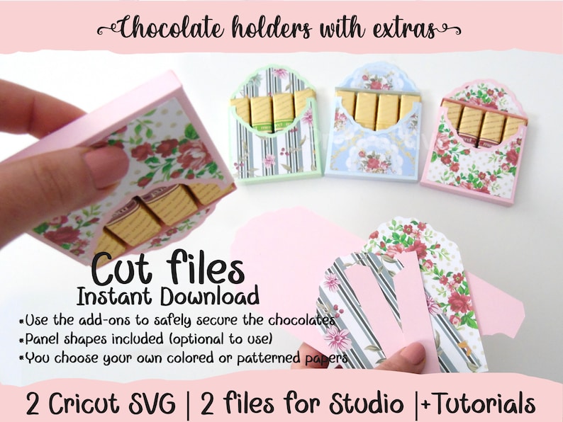 May include: Cut files for a chocolate holder with floral patterned paper. The holder is pink and has a scalloped edge. The file is for Cricut SVG and includes tutorials.