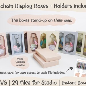 May include: Set of 29 SVG files for creating keychain display boxes. The boxes are designed to stand upright and feature a clear window to showcase the keychain. The image shows a variety of boxes with different colors and designs. The text "DESIGNER INDEX CARDS" is visible in the lower right corner of the image.