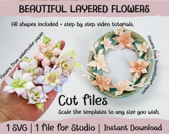 Plantillas SVG de flores de papel en capas 3D para Cricut y Silhouette (descarga digital)