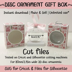 Christmas 3D Disc Ornament Box Templates for 8cm/3.15in wide ornaments. Christmas Ornament Boxes, Cricut SVG Files, Disc Ornament with bow
