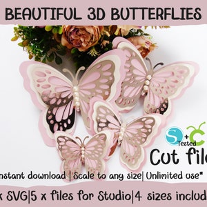 Puede incluir: Cinco archivos de corte digital para crear mariposas 3D. Las mariposas est&aacute;n en capas y tienen un esquema de color rosa, blanco y dorado. Los archivos son para usar con una m&aacute;quina de corte.