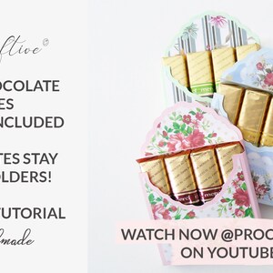 May include: Three different patterned boxes for holding Merci chocolates. The boxes are made of paper and have a scalloped edge. The boxes are open and show the chocolates inside. The text on the image reads "Merci Chocolate Boxes, Add-ons Included, Chocolates Stay in the Holders! Assembly Tutorial, Handmade, Watch Now @Procraftine on Youtube."