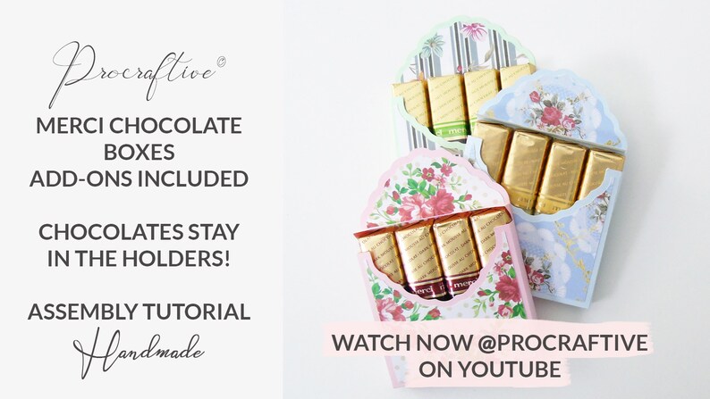 May include: Three different patterned boxes for holding Merci chocolates. The boxes are made of paper and have a scalloped edge. The boxes are open and show the chocolates inside. The text on the image reads "Merci Chocolate Boxes, Add-ons Included, Chocolates Stay in the Holders! Assembly Tutorial, Handmade, Watch Now @Procraftine on Youtube."