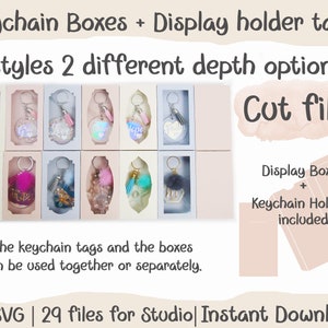 May include: A set of 29 SVG cut files for creating keychain boxes and display holder tags. The image shows seven different styles of keychain boxes with various designs, including a peace sign, a heart, and a tassel. The text "Cut files" is written in a pink watercolor-style font. The text "Display Boxes + Keychain Holders included" is written in black text. The text "29 SVG | 29 files for Studio | Instant Download" is written in black text.